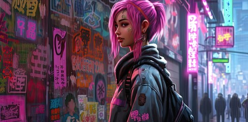 Anime girl with pink hair on vibrant, colorful streets, a whimsical journey