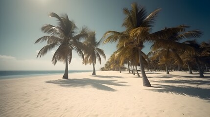 Fototapeta na wymiar Palmy Trees and a Sandy Beach Provide a Refreshing Escape