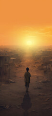 Fototapeta premium A child watching the sunset in a village on an arid land; completely dried up by climate change - Conceptual illustration of global warming; generative AI