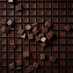 pieces of dark chocolate, sweet food background. broken chocolate for dessert as snack. Generative AI