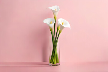 Calla Lily vase arrangement on a light pink background