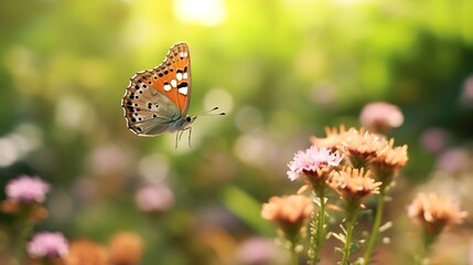Obraz premium butterfly lycaena phlaeas flying from right to left over blurred grass