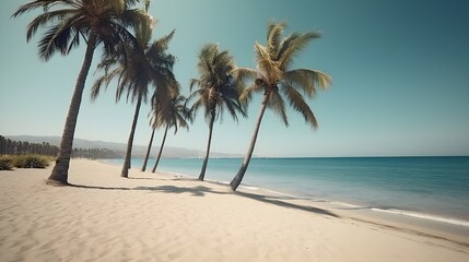 Fototapeta na wymiar Palmy Trees and a Sandy Beach Create a Harmonious Scene