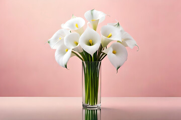 Calla Lily vase arrangement on a light pink background
