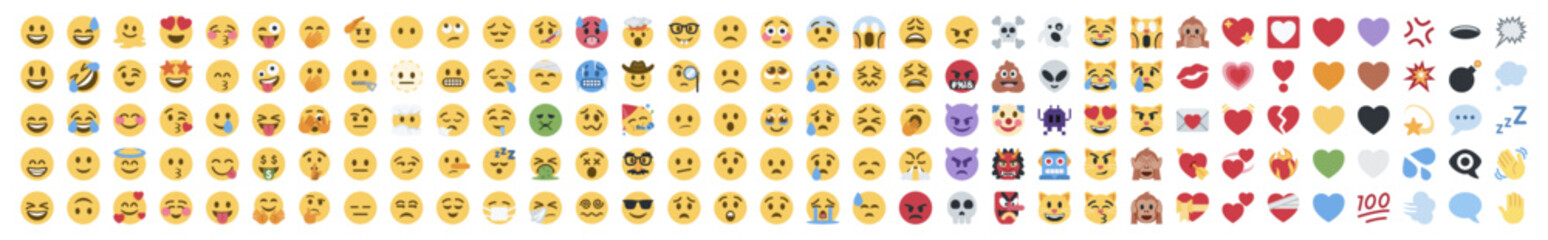 Big set of yellow emoji. Funny emoticons faces with facial expressions. On transparent background.