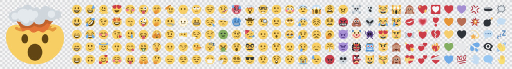 Big set of yellow emoji. Funny emoticons faces with facial expressions. On transparent background.