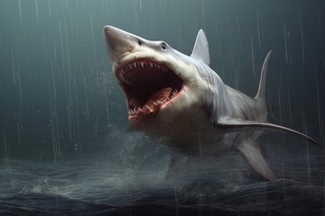 Model of a dangerous predatory white shark with open mouth above the water AI Generative AI