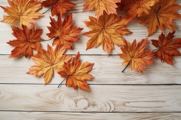 Beautiful foliage, autumn mood, the foliage lies on a white wooden table. AI generative