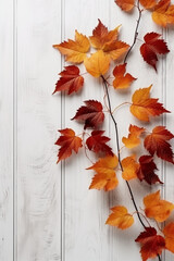 Naklejka na ściany i meble Beautiful foliage, autumn mood, the foliage lies on a white wooden table. AI generative