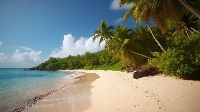 Palm tree paradise, stunning tropical beach, swaying palms, and palm-fringed shores