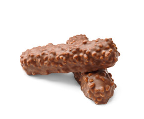 Crispy chocolate bars with waffles and caramel isolated on white background.