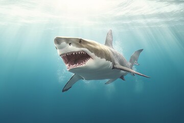 Fototapeta premium Model of a dangerous predatory white shark with open mouth underwater AI Generative AI