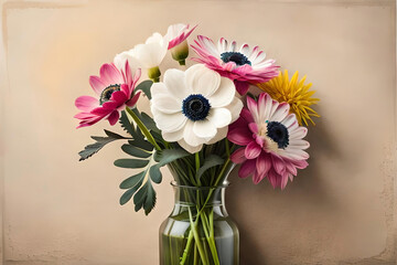 Anemone bouquet in a vase on a beige background