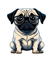 Pug dog cartoon illustration. Cute friendly fat chubby fawn sitting pug puppy, smiling with tongue out. Pets, dog lovers, animal themed design element isolated on white.