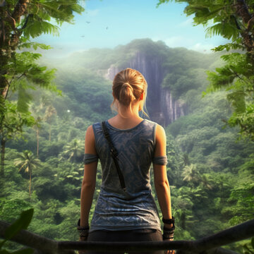 The back of a woman in summer clothes looking at jungle forests and waterfalls. AI generative