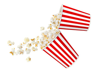 Two red striped paper cups with delicious popcorn, cut out