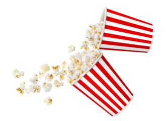 Two red striped paper cups with delicious popcorn, cut out