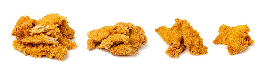 Chicken Strips Isolated, Breaded Nuggets, Crispy Fry Chicken Meat, American Deep Fried Crunchy Fillet Pieces