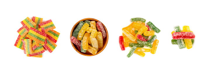 Rainbow Gummy Candy Pile Isolated, Sour Jelly Candies Strips in Sugar Sprinkle, Colorful Striped Marmalade