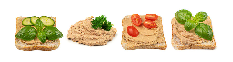 Meat Paste on Toast Bread Isolated, Pate Sandwiches, Terrine Toasts, Chopped Liver Mousse on Bread