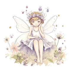 Fairy wings and meadow blooms, colorful clipart of cute fairies with playful wings and blooming meadow flowers