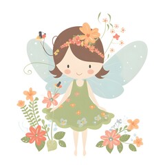 Whimsical winged fantasia, colorful illustration of cute fairies with playful wings and fantastical flower charms