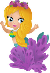 Obraz na płótnie Canvas cartoon scene with mermaid princesss wimming near coral reef isolated illustration for children