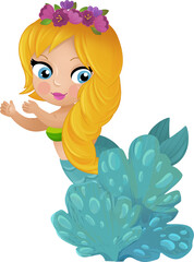 cartoon scene with mermaid princesss wimming near coral reef isolated illustration for children