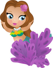 cartoon scene with mermaid princesss wimming near coral reef isolated illustration for children