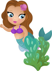 cartoon scene with mermaid princesss wimming near coral reef isolated illustration for children