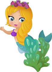 cartoon scene with mermaid princesss wimming near coral reef isolated illustration for children