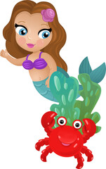 cartoon scene with mermaid princesss wimming near coral reef isolated illustration for children