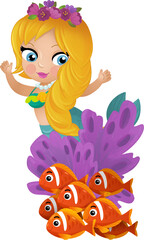 cartoon scene with mermaid princesss wimming near coral reef isolated illustration for children