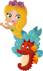 cartoon scene with mermaid princesss wimming near coral reef isolated illustration for children