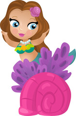 cartoon scene with mermaid princesss wimming near coral reef isolated illustration for children