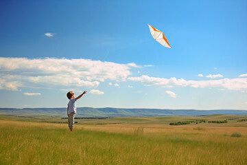 Child flying a kite in a wide open field.