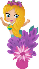 cartoon scene with mermaid princesss wimming near coral reef isolated illustration for children