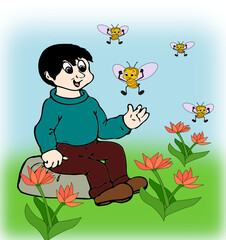 A little boy sits in a flower meadow and watches bees flying around
