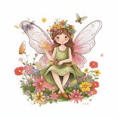 Fototapeta na wymiar Fairy wings and sparkles, whimsical clipart of cute fairies with colorful wings and magical flower adornments