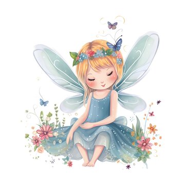Blossoming fairyland enchantment, colorful clipart of cute fairies with blossoming wings and enchanting flower magic