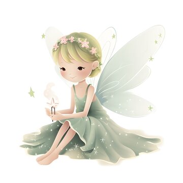Whimsical fairy oasis, vibrant clipart of cute fairies with playful wings and oasis of flower charms