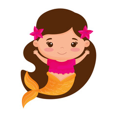 Cute cartoon mermaid with with brown hair and flowers on a white background. Trendy kids vector illustration. For card, sticker, poster, game, clothing fabric print, pattern