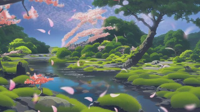Beautiful fantasy spring nature landscape and cherry blossom tree animated background in Japanese anime watercolor painting illustration style. seamless looping video animated background.