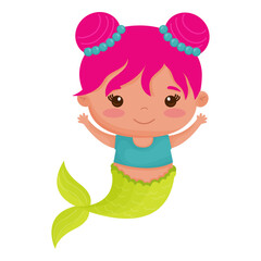 Cute cartoon mermaid with pink hair and and beads in her hair on a white background. Trendy kids vector illustration. For card, sticker, poster, game, clothing fabric print, pattern