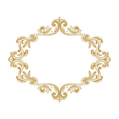 Hand Drawn Vintage damask ornamental elements for design. Baroque frame scroll ornament. Golden Elegant floral pattern border in antique style.
