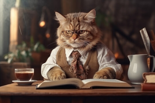 clever cat wearing glasses and engrossed in reading books, showcasing academic pursuits and a love for learning. Generative AI Technology.