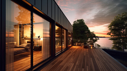 beautiful terrace of a modern penthouse, lake view - obrazy, fototapety, plakaty