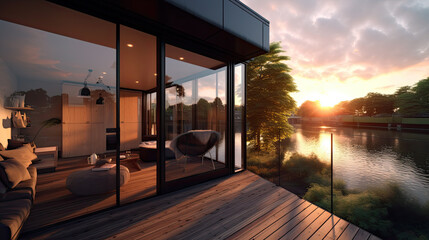 beautiful terrace of a modern penthouse, lake view - obrazy, fototapety, plakaty