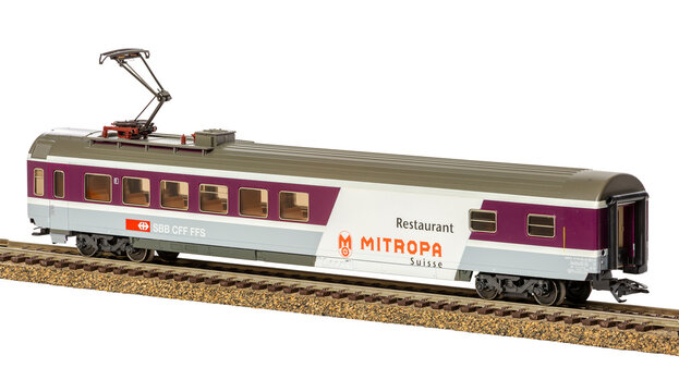 Chicago, USA - June 15, 2023: Marklin HO scale electric dining car in an angle.