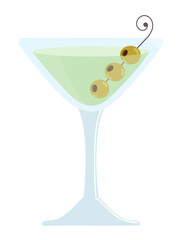 Dry Martini with green olives. Classic alcohol cocktail in the bar glass.